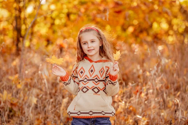 Roztomilé dívka drží žluté listy — Stock fotografie