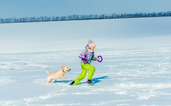 Meisje gooien ring naar hond — Stockfoto