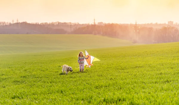 Schattig klein meisje vliegende vlieger — Stockfoto