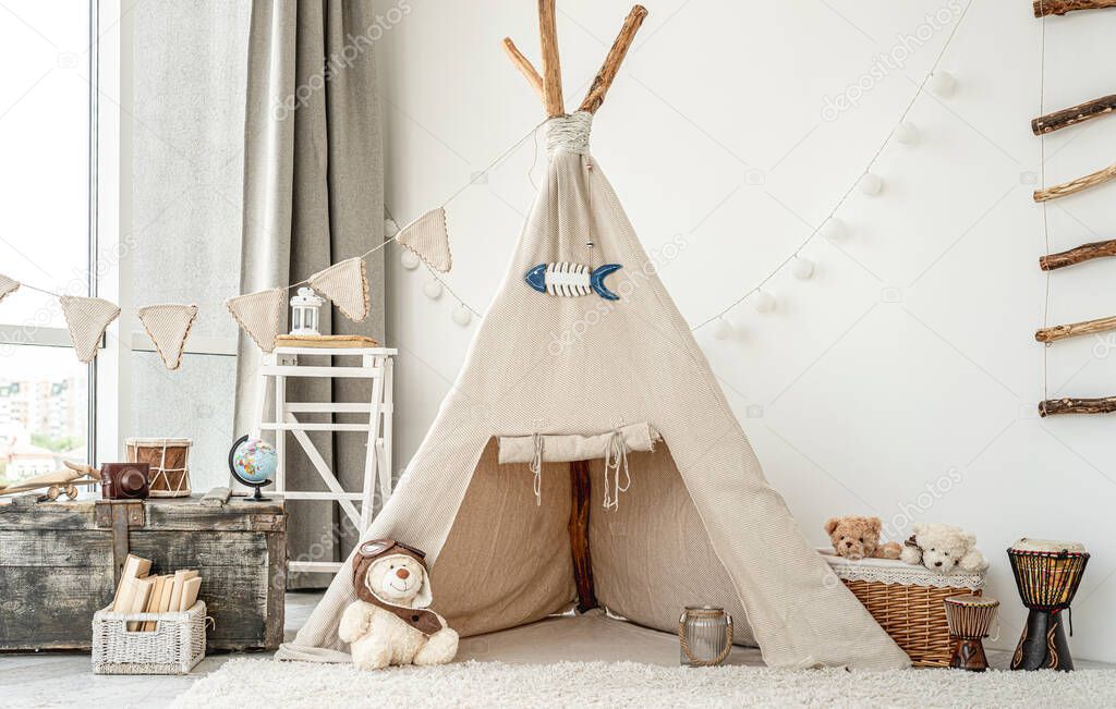 Childrens room interior with wigwam