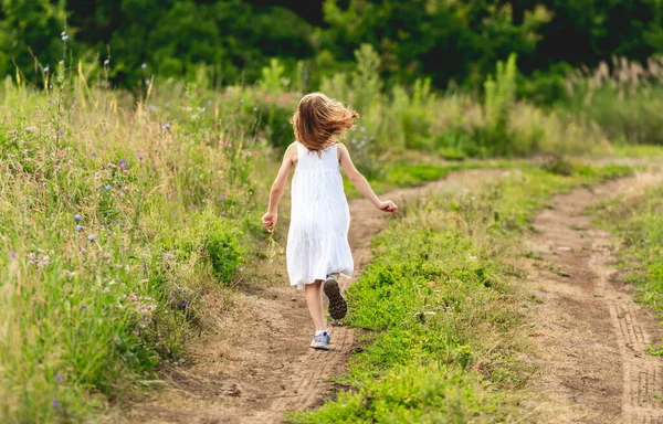 Menina feliz correndo ao longo do caminho — Fotografia de Stock