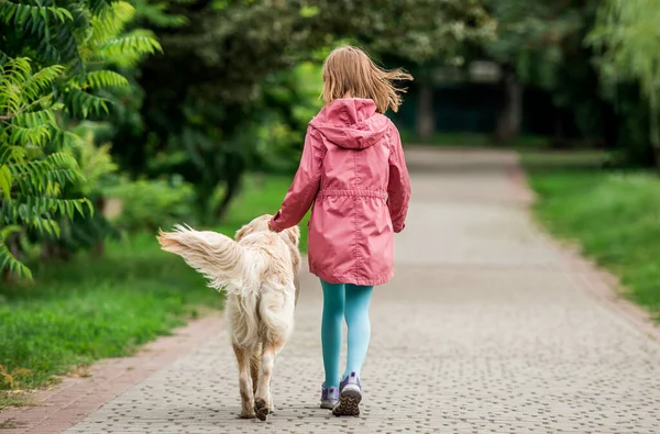 Malá holka kráčí se psem v parku — Stock fotografie