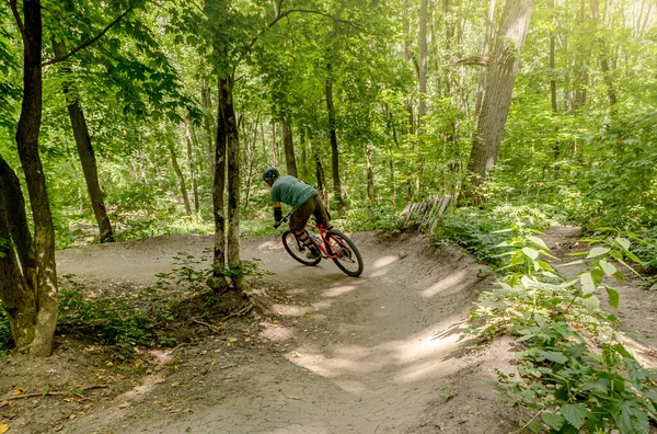 Ciclista andar de bicicleta ao longo da estrada da floresta — Fotografia de Stock