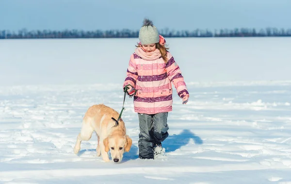 Menina feliz andando com o cão — Fotografia de Stock