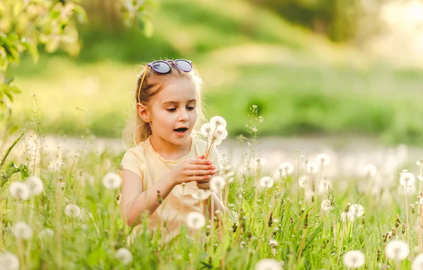 Kleines Mädchen draußen auf dem Löwenzahnfeld — Stockfoto