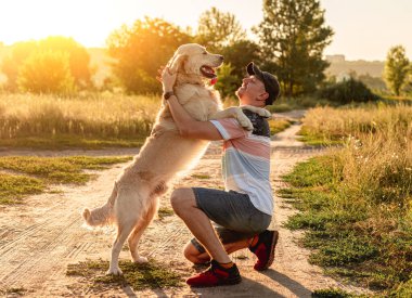 Golden retriever insanın yanında duruyor.