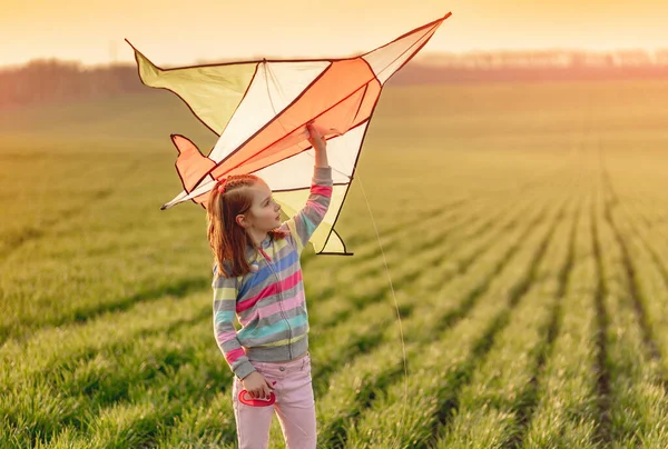 Niña con cometa voladora —  Fotos de Stock