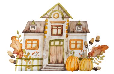 Balkabaklı ve yapraklı eski bir evin suluboya resimleri Sonbahar İllüstrasyonunu anımsatıyor