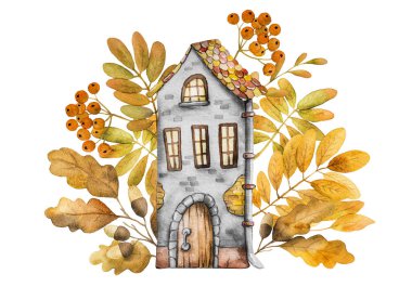 Bir Ev ve Sonbaharda Sarı Yapraklı El Yapımı Resimleri