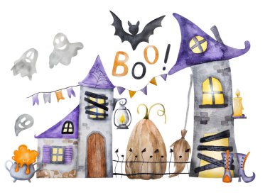 Cadıların Evi 'nin suluboya cadılar bayramı resmi Kazan, Kabak ve Hayaletlerle dolu