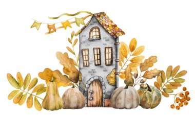 El yapımı suluboya balkabağı ve sarı yapraklı bir evin sonbahar resmi