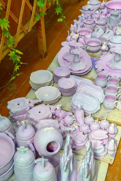 Ceramic ware under production in potter\'s workshop