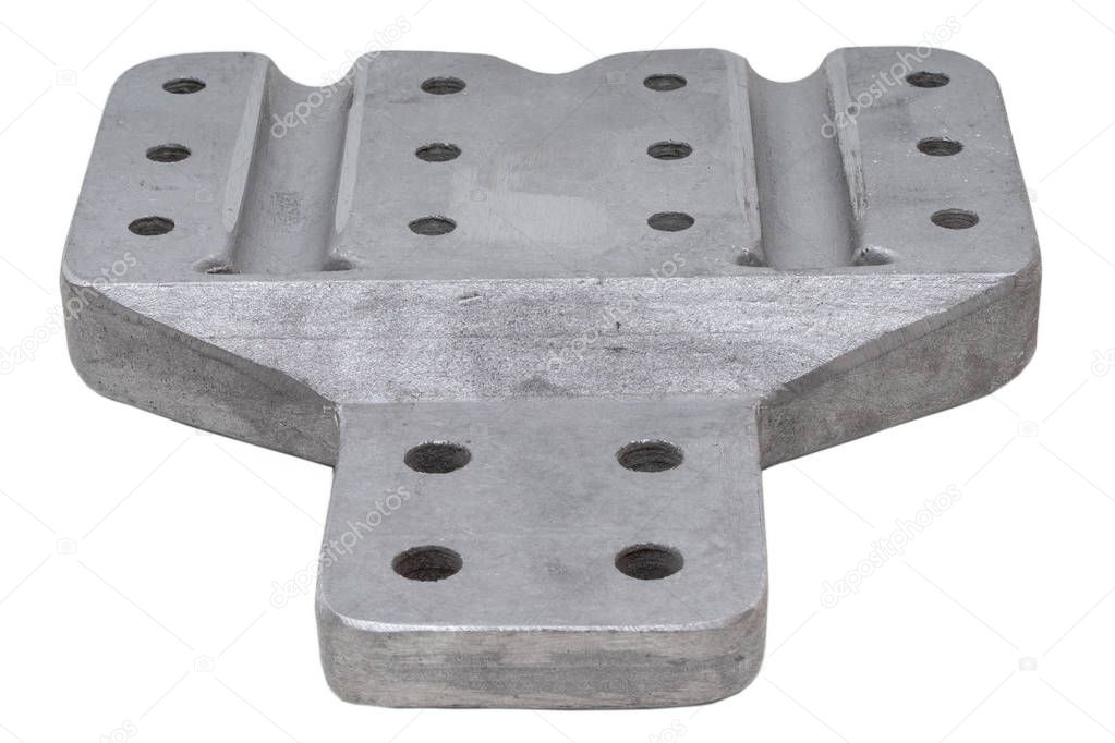 high precision aluminium automotive part manufacturing by casting and machining isolated on white. Industrial background from part aluminium casting flanges, oil or gas industry.