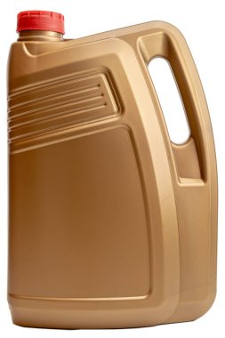 Beyaz zemin üzerine altın şişe teneke kutu izole motor yağı için plastik konteyner