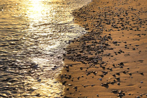 Strand Met Kiezels Een Zandstrand Zonnestralen Natuur Close Achtergrond — Stockfoto