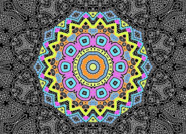 Siyah arka plan beyaz grafik ve parlak renkli konsantrik desen ile