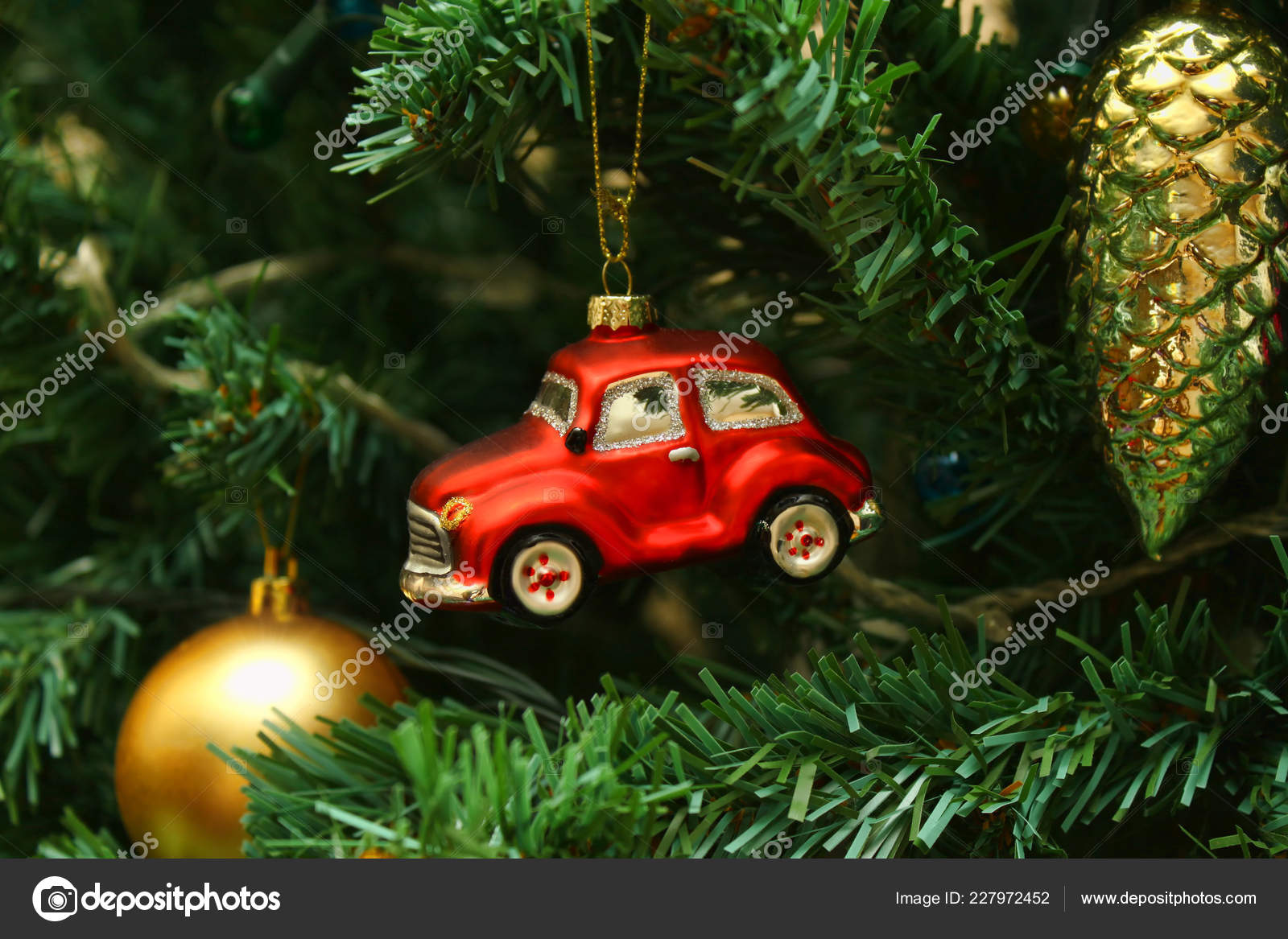 Red Car Toy Cone Ball Decorations Christmas Tree Stock Photo