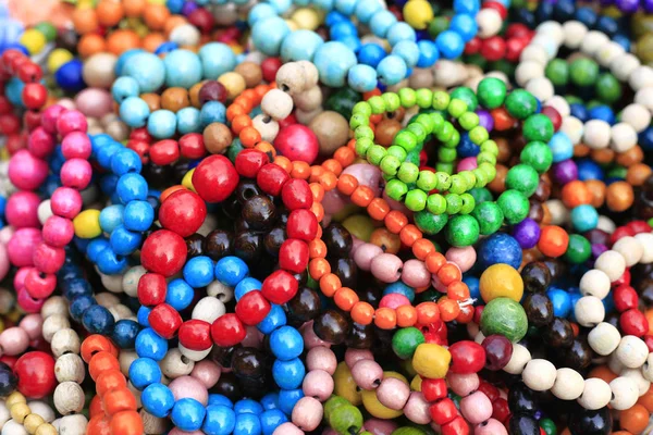 Colorful Bright Handmade Wooden Bracelets Close Background — Stock Photo, Image