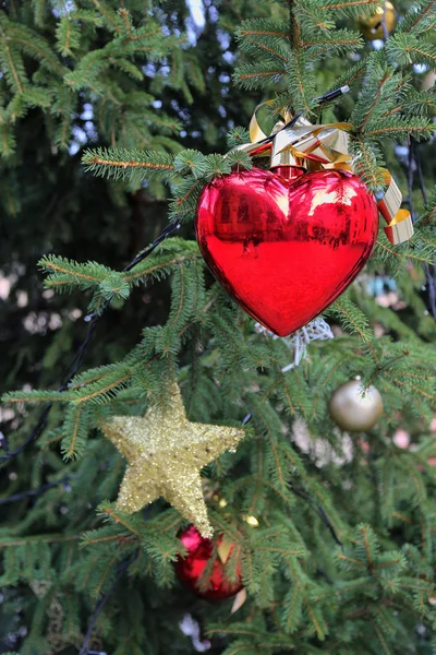 Hermosa decoración con juguete del corazón en las ramas de la Chris — Foto de Stock