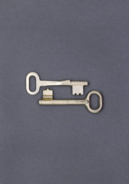 Two Old Simple Metal Keys Gray Paper Background Close — Stock Photo, Image