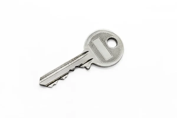 Silver Classical Key Closeup Isolated White Background — Stock Photo, Image