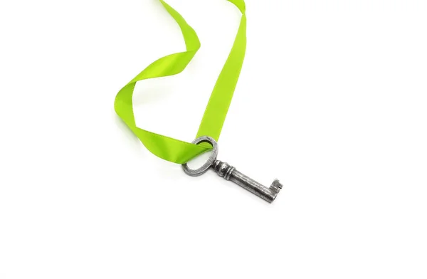 Vintage Silver Key Green Ribbon Isolated White Background — Stock Photo, Image