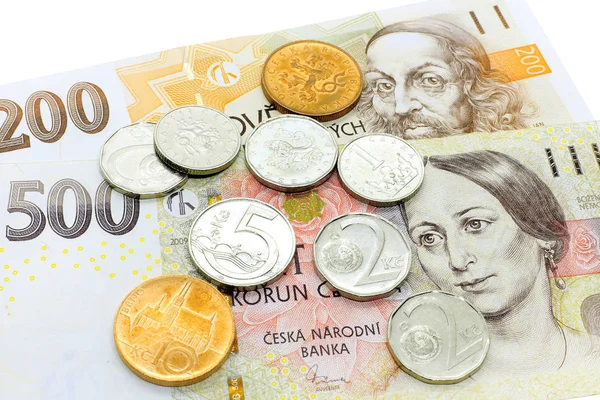 Dinero Checo Billetes Monedas Primer Plano — Foto de Stock