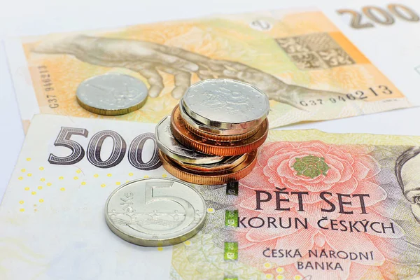 Czeski Pieniądze Banknoty Monety Szczegół — Zdjęcie stockowe