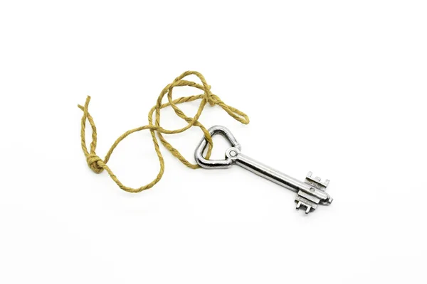 Starý Stříbrný Klíč Hrubé Lano Izolovaných Bílém Pozadí — Stock fotografie