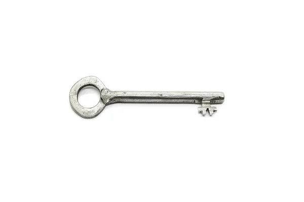 Old Silver Key Closeup Isolated White Background — Stock Photo, Image