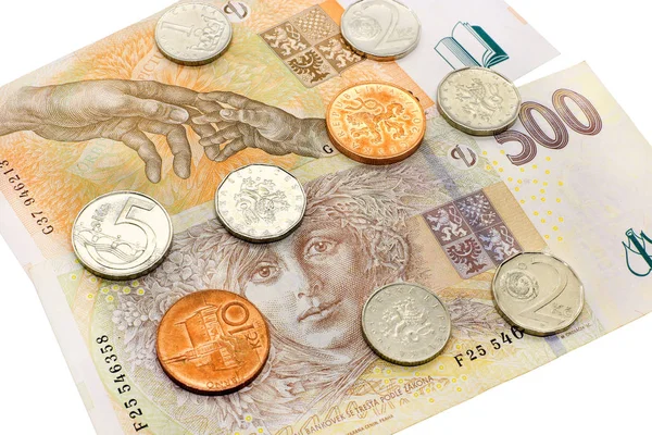 Czeski Pieniądze Banknoty Monety Białym Tle Zbliżenie — Zdjęcie stockowe