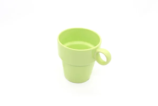 明亮的绿色陶瓷杯子与处理查出在白色背景 — 图库照片