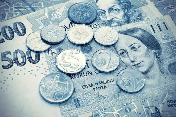 Гроші Чехії Банкноти Монети Туристичній Мапі Праги Подорожі Тоноване Фону — стокове фото