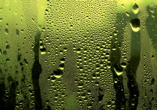 Natural Water Drops Glass Close Green Backgrpund — Stock Photo, Image