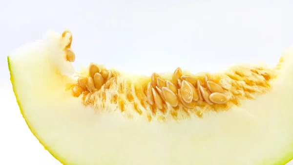 Tranche Melon Mûr Avec Graines Gros Plan Sur Fond Blanc — Photo