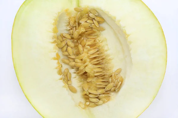 Cut Ripe Melon Seeds Close Isolated White Background — Stock Photo, Image