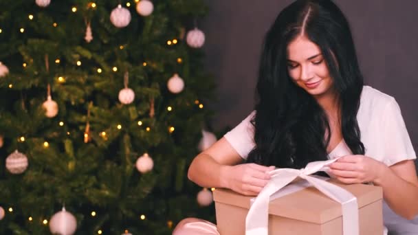 Retrato de mujer joven y hermosa con árbol decorado. Nochevieja — Vídeos de Stock