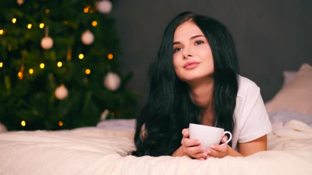 Portrait of young beautiful woman with decorated tree. New years eve — Stock Video