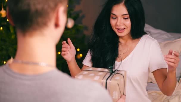 Ritratto di giovane bella donna con albero decorato. Capodanno — Video Stock