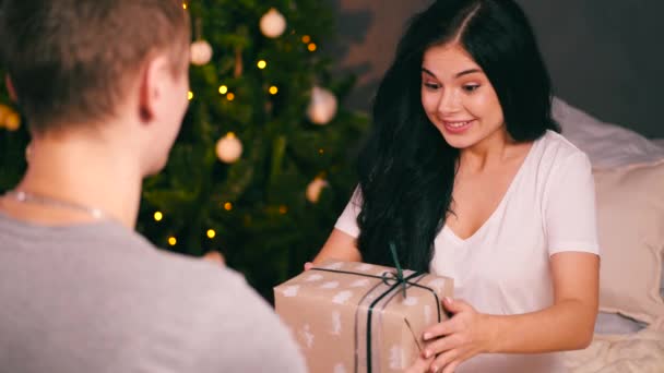 Portrait of young beautiful woman with decorated tree. New years eve — Stock Video