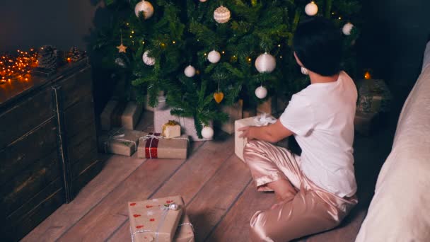 Portrait of young beautiful woman with decorated tree. New years eve — Stock Video