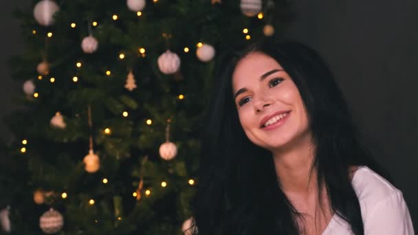 Retrato de jovem mulher bonita com árvore decorada. Véspera de Ano Novo — Vídeo de Stock