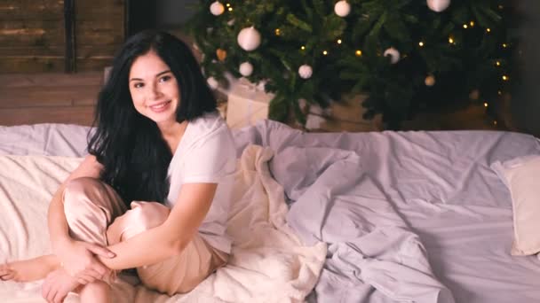 Portrait of young beautiful woman with decorated tree. New years eve — Stock Video