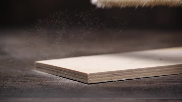 Carpinteiro anônimo remoção de poeira da placa de madeira — Vídeo de Stock