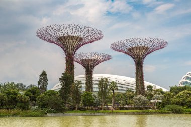 Singapur - 23 Haziran 2018: Supertree Grove Gardens koy ve Marina Bay Sands hotel yaz günü adlı yakınlarında Singapur serada tarafından