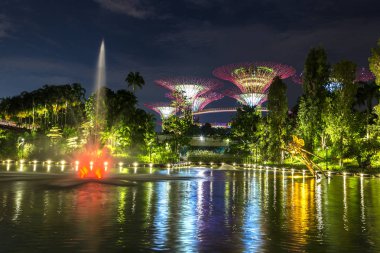 Singapur - 23 Haziran 2018: Supertree Grove Gardens Körfez Marina Bay Sands hotel yaz geceleri yakınındaki Singapur'da