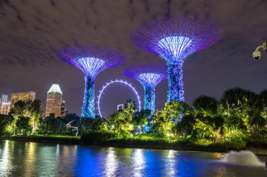 Singapur - 23 Haziran 2018: Singapore Flyer - dünya ve Marina Bay Sands hotel yaz geceleri yakınlarında Singapur koyda bahçelerle en büyük dönme dolap