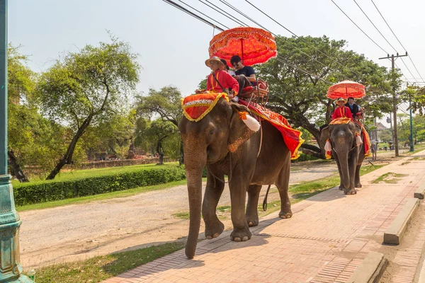 Ayutthaya Thaïlande Mars 2018 Touristes Chevauchant Éléphant Dans Ancienne Ville — Photo