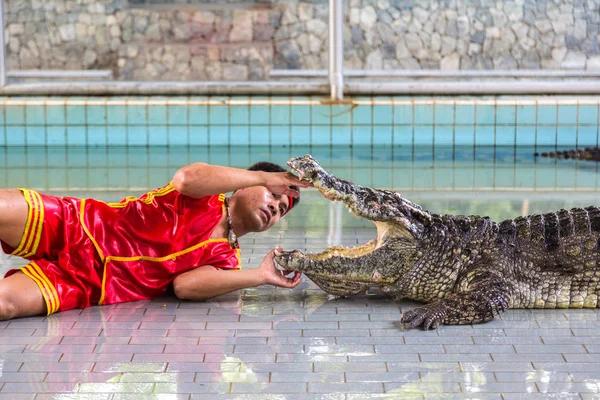 Pattaya, Tayland - 29 Mart 2018: Timsah gösterisinde bir yaz günü Pattaya, Tayland