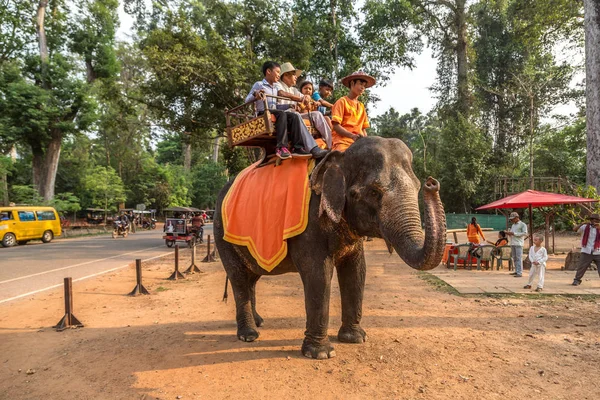 Angkor Wat Cambodia March 2018 Tourists Ride Elephant Area Angkor — Stock Photo, Image